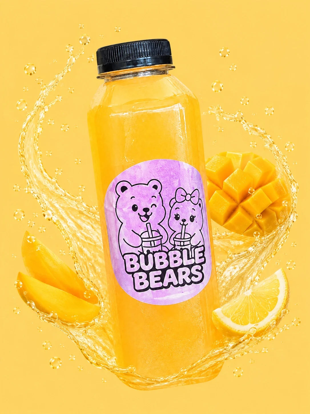 Mango lemonade bottle concept with fruit and a lemonade splash