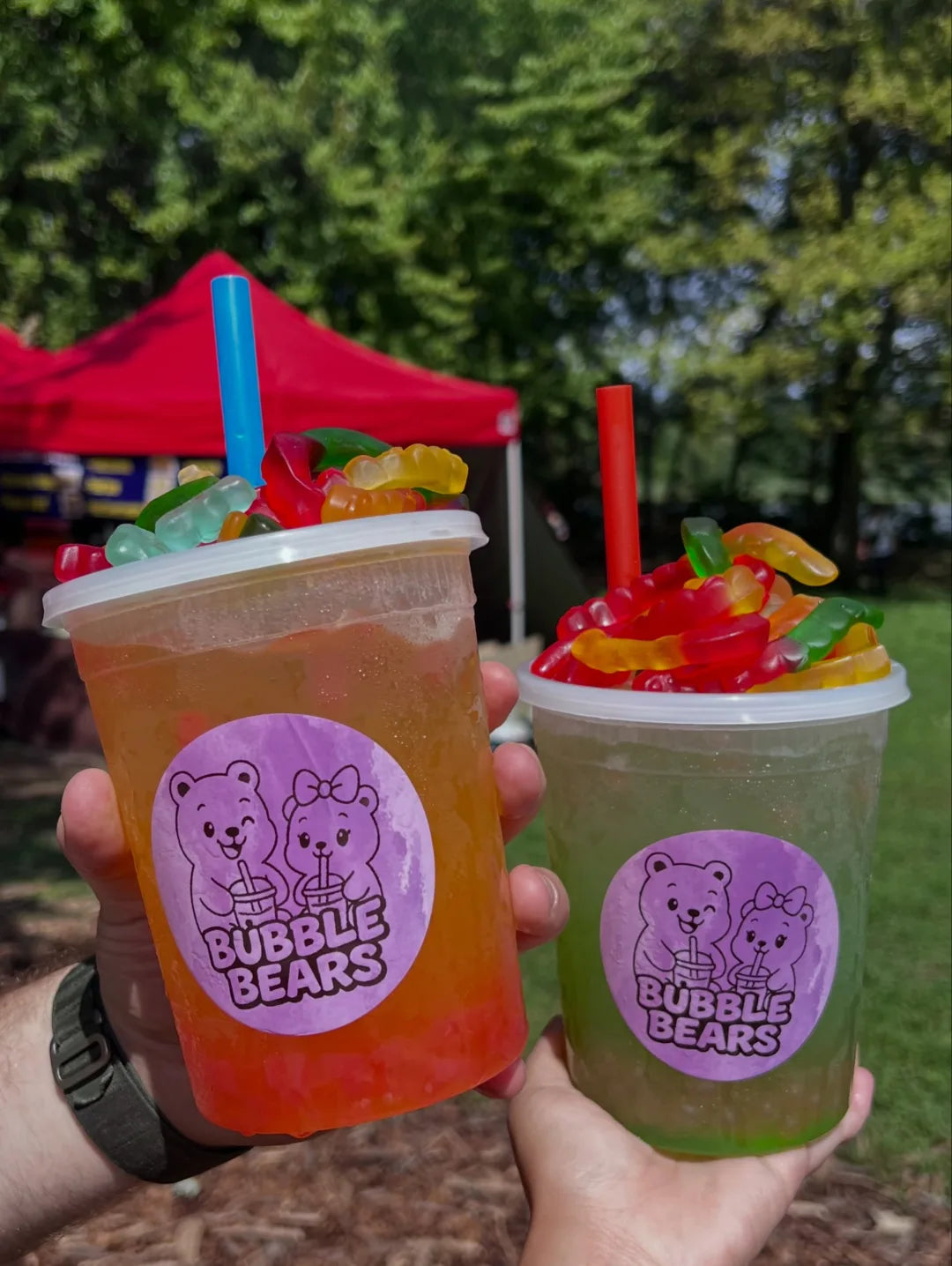 Two colorful Bubble Bears drinks at the market