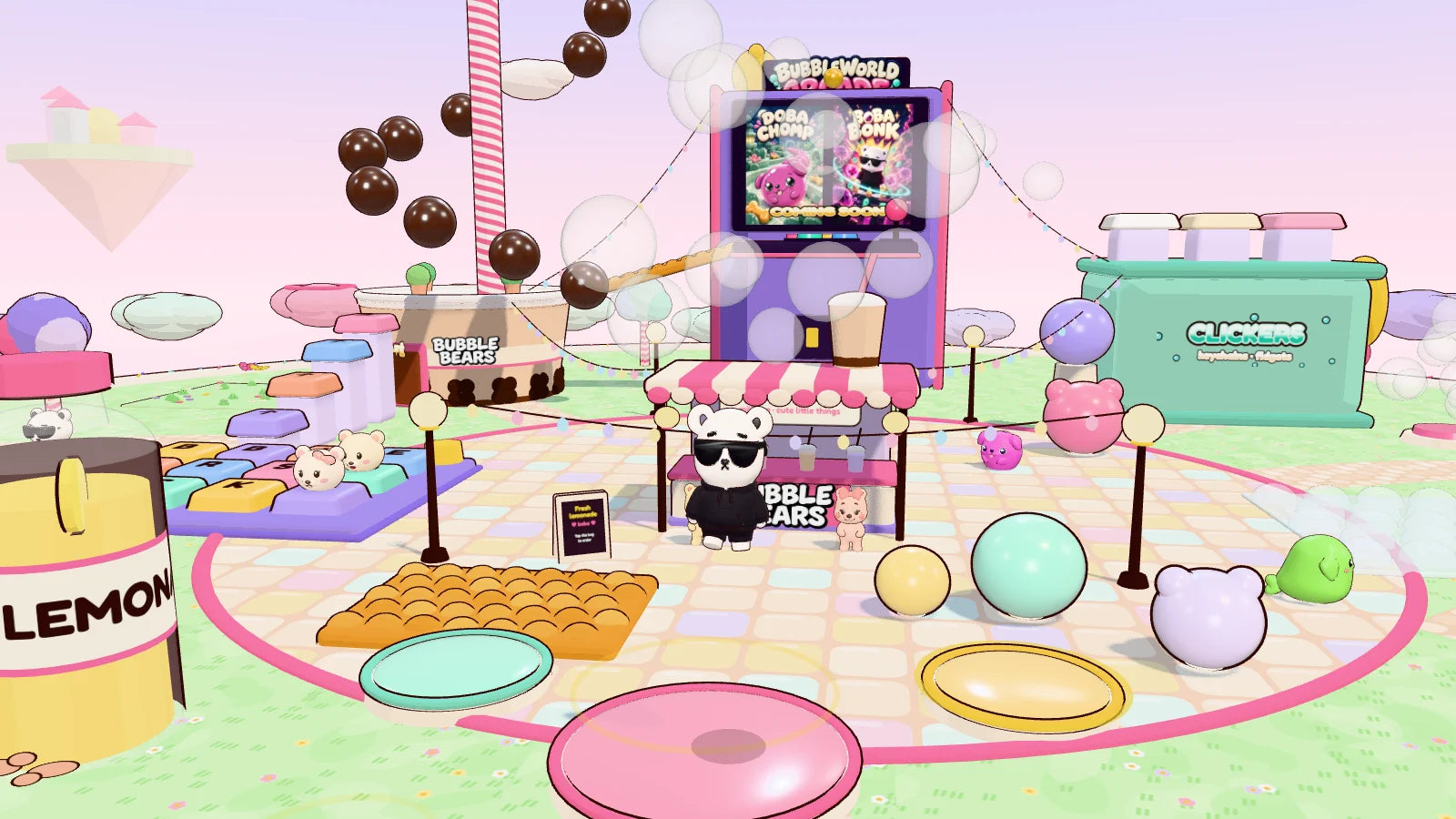 Bubbleworld: Cool Bear on the plaza with Bubbles and Berry at the lemonade stand